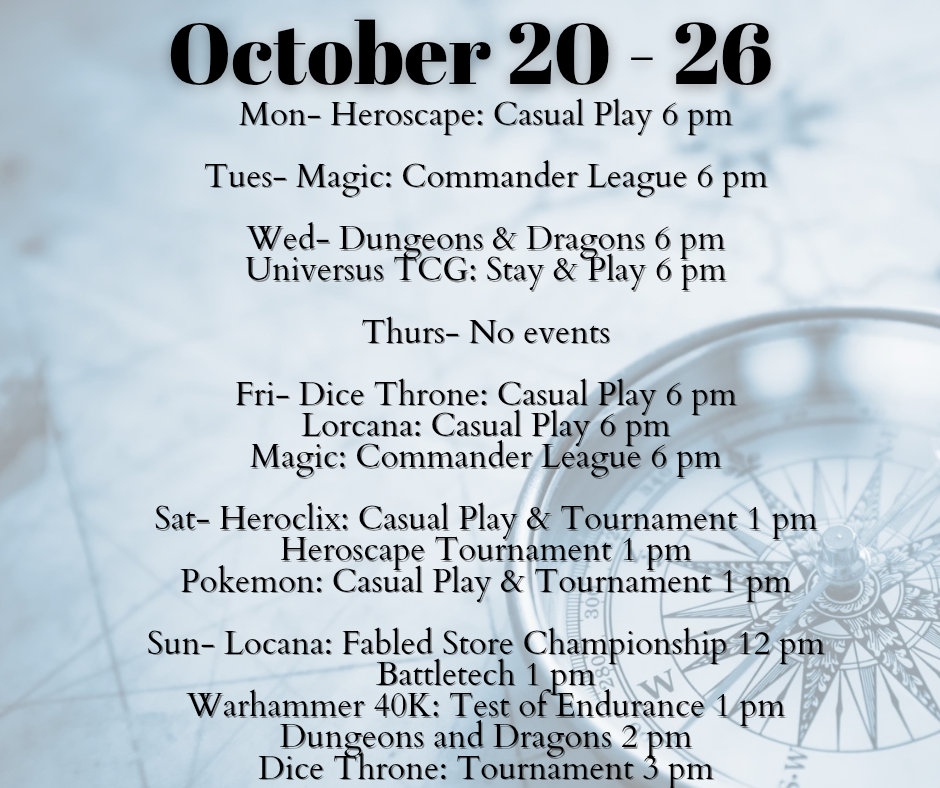 October 20 - 26 Store Events