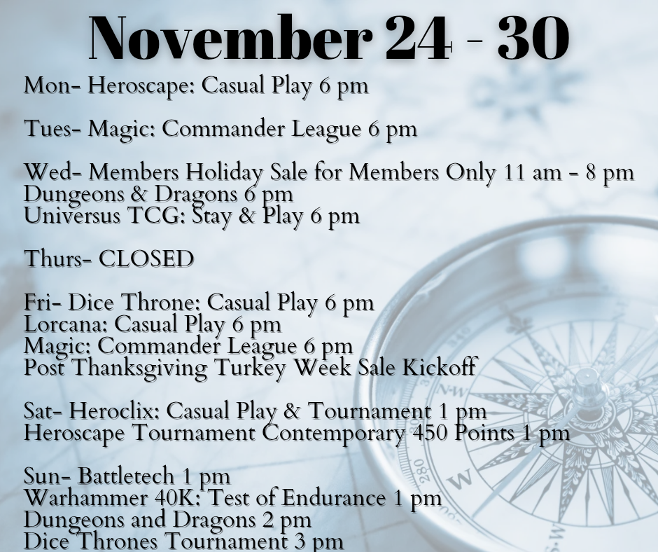 Novemeber 24-30 Store Events