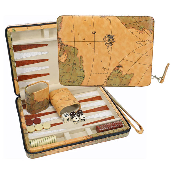 WE Games Magnetic Backgammon Set with Leatherette Case and Carrying Strap - Travel Size Tan Map