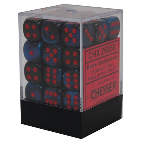 Chessex Dice - Gemini 7: 12mm D6 Black Starlight/Red (36)