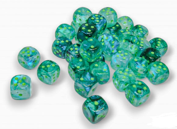 Chessex Dice - Borealis: 12mm d6 Kelp/light green Luminary Dice Block (36 dice) - 27995
