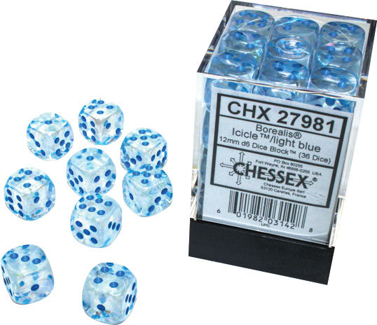Chessex Dice - Borealis: 12mm d6 Icicle/light blue Luminary Dice Block (36 dice) - 27981