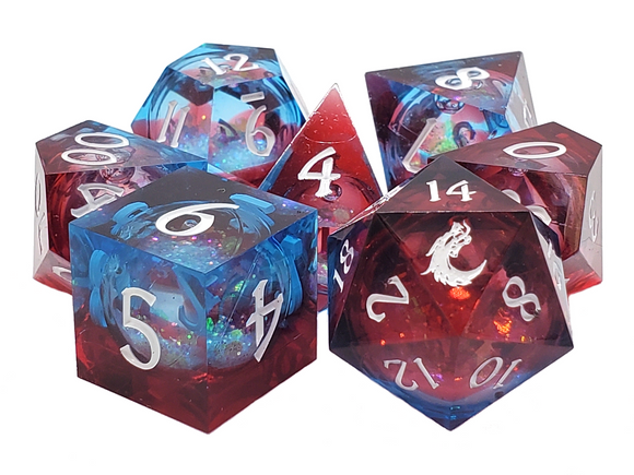 Old School 7-Piece Sharp Edged Dice Set: Liquid Infused - Space Nebula Fury