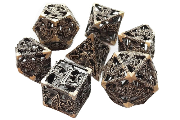 Old School 7 Piece DnD RPG Metal Dice Set: Hollow Dragon Dice - Ancient Gold