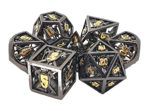 Old School 7 Piece DnD RPG Hollow Metal Dice Set: Sword & Shield - Black w/ Gold