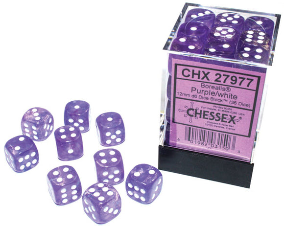 Chessex Dice - Borealis: 12mm d6 Purple/white Luminary Dice Block (36 dice)
