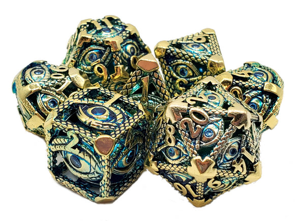 Old School 7 Piece DnD RPG Metal Dice Set: Hollow All Seeing Eye Dice - Gold w/ Blue