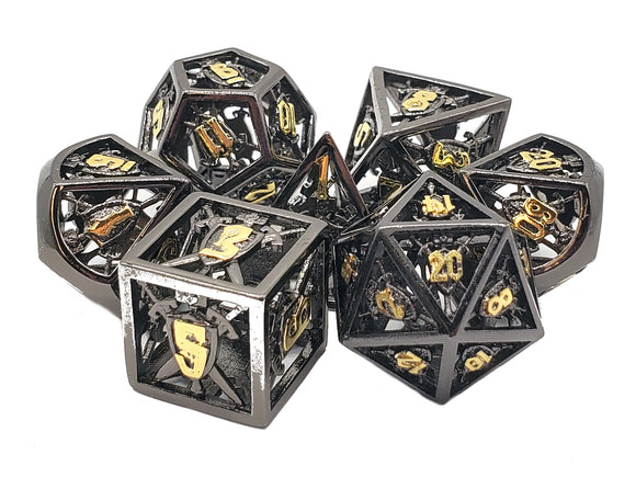 Old School 7 Piece DnD RPG Metal Dice Set: Hollow Sword & Shield Dice - Brushed Gold (Copy)