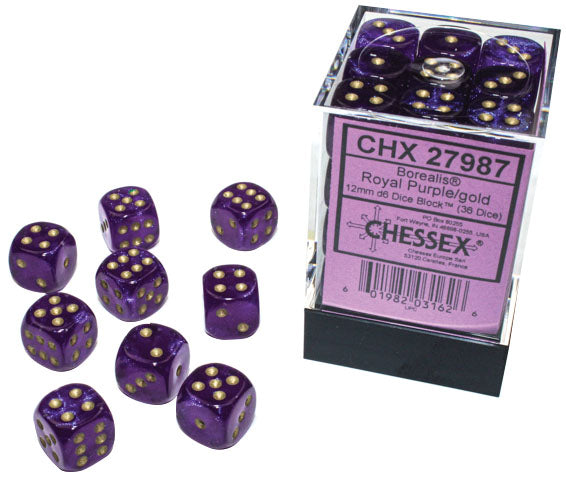 Chessex Dice - Borealis: 12mm d6 Royal Purple/gold Luminary Dice Block (36 dice) - 27987