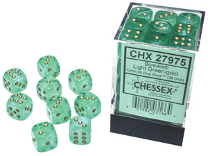 Chessex Dice - Borealis: 12mm d6 Light Green/gold Luminary Dice Block (36 dice) - 27975