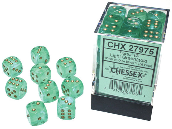 Chessex Dice - Borealis: 12mm d6 Light Green/gold Luminary Dice Block (36 dice) - 27975