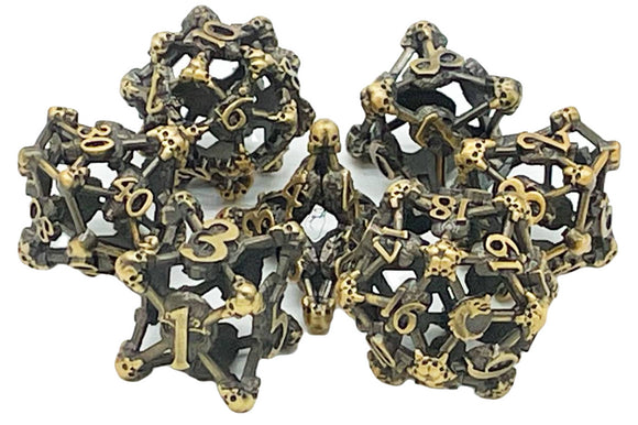 Old School 7 Piece DnD RPG Metal Dice Set: Hollow Skull Dice - Ancient Gold