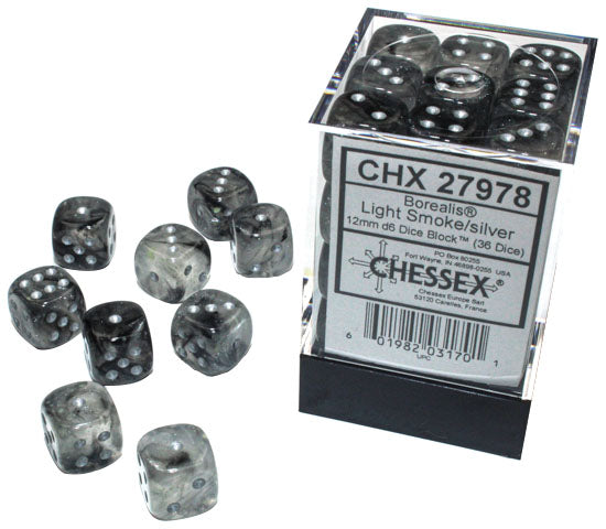 Chessex Dice - Borealis: 12mm d6 Light Smoke/silver Luminary Dice Block (36 dice) - 27978