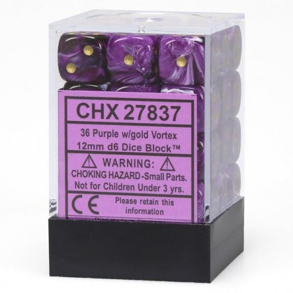 Chessex Dice - Vortex: 12mm D6 Purple/Gold/Black (36) - 27837