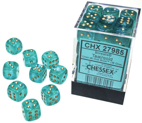 Chessex Dice - Borealis: 12mm d6 Teal/gold Luminary Dice Block (36 dice) - 27985