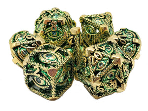 Old School 7 Piece DnD RPG Metal Dice Set: Hollow All Seeing Eye Dice - Gold w/ Green