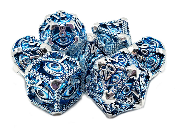 Old School 7 Piece DnD RPG Metal Dice Set: Hollow All Seeing Eye Dice - Silver w/ Blue