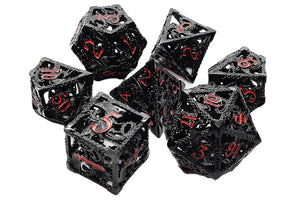 Old School 7 Piece DnD RPG Metal Dice Set: Hollow Dragon Dice - Black w/ Orange