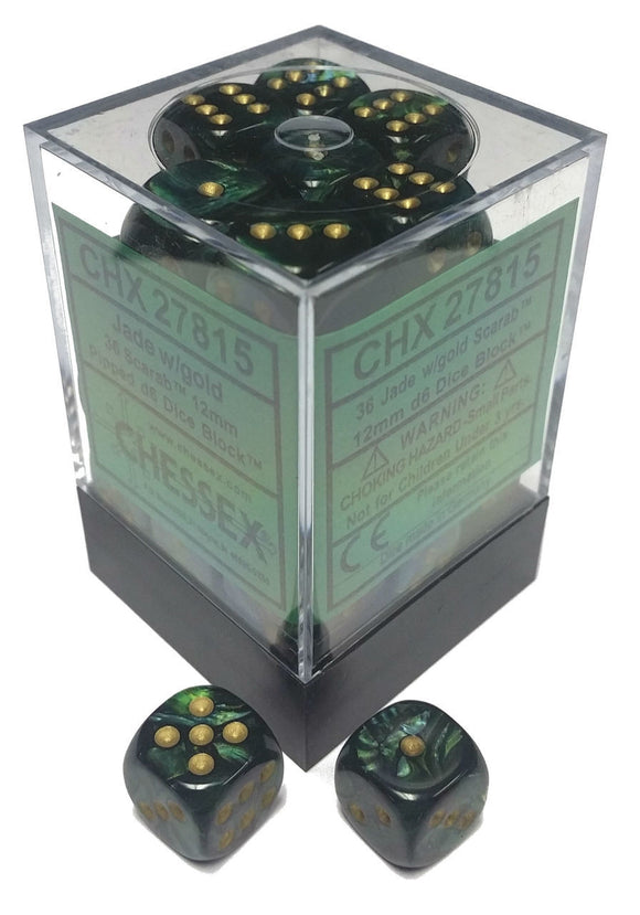 Chessex Dice - Scarab: 12mm D6 Jade/Gold/Black (36) 27815