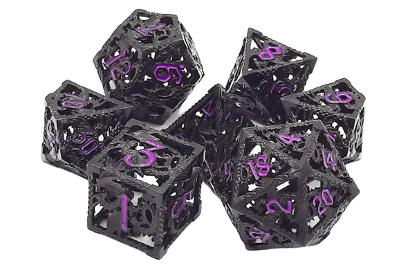 Old School 7 Piece DnD RPG Metal Dice Set: Hollow Dragon Dice - Black w/ Purple