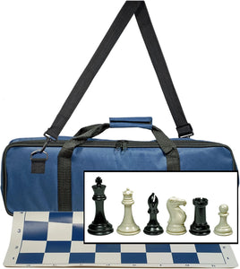 WE Games Ultimate Tournament Chess Set with NEW Blue Silicone Chess Mat, Blue Canvas Bag & Super Triple Weighted Chessmen with 4" King