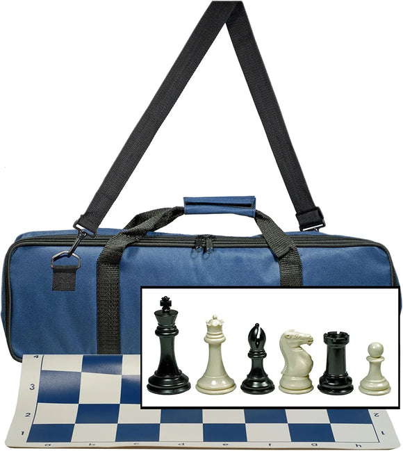 WE Games Ultimate Tournament Chess Set with NEW Blue Silicone Chess Mat, Blue Canvas Bag & Super Triple Weighted Chessmen with 4