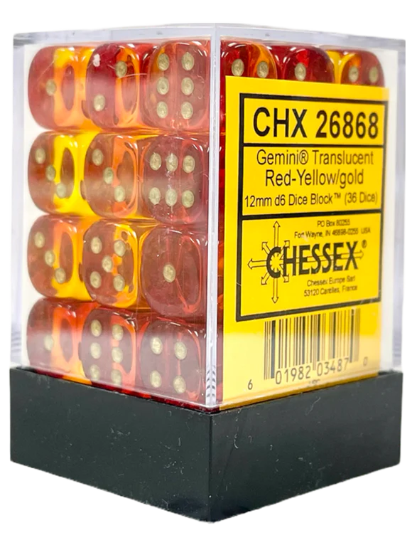 Gemini: 12mm d6 Translucent Red-Yellow/gold Dice Block (36 dice) 26868